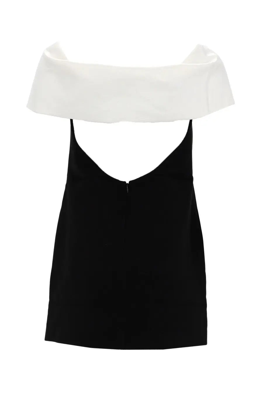 Self portrait women’s mini dress in black with a v-neck off the shoulder top and white satin draped fabric shoulders