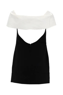 Self portrait women’s mini dress in black with a v-neck off the shoulder top and white satin draped fabric shoulders