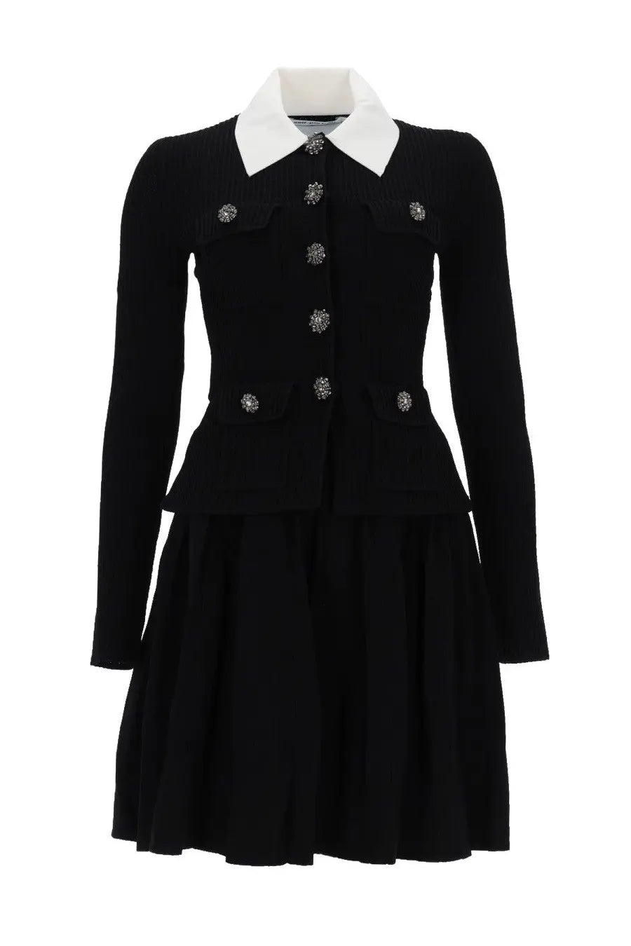 Self-portrait women’s black mini dress coat style with white collar and ornate silver buttons for elegant wear
