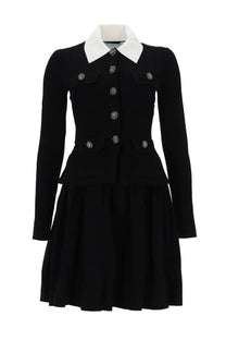 Self-portrait women’s black mini dress coat style with white collar and ornate silver buttons for elegant wear