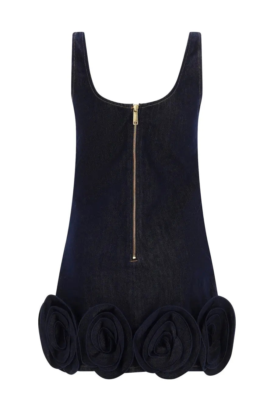 Back view of self-portrait women’s blue velvet mini dress with gold zipper and large ruffled rose appliqués hem