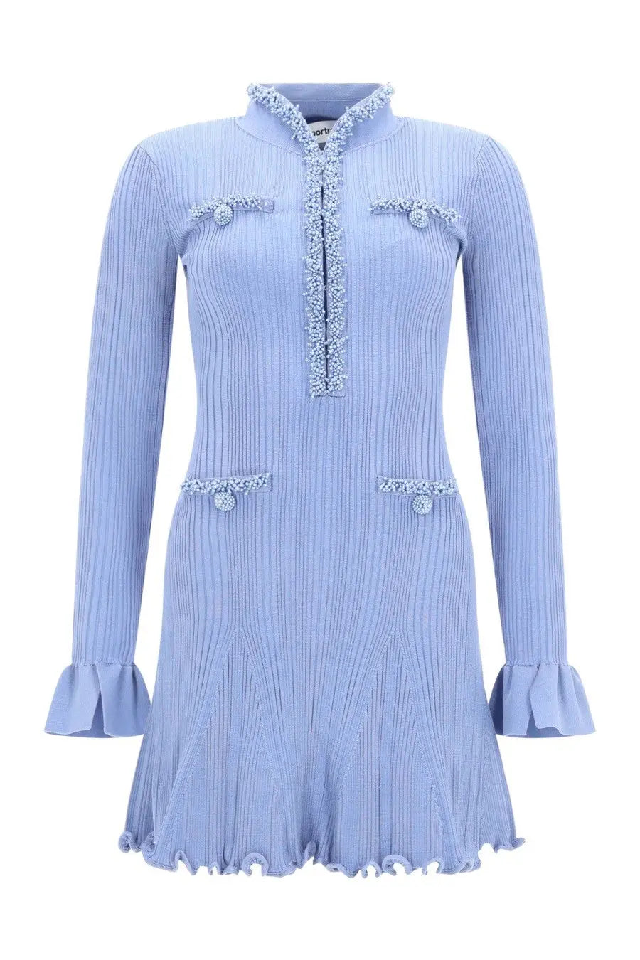 Self-portrait women’s mini dress blue light blue ribbed knit with high collar beaded trim and ruffled cuffs