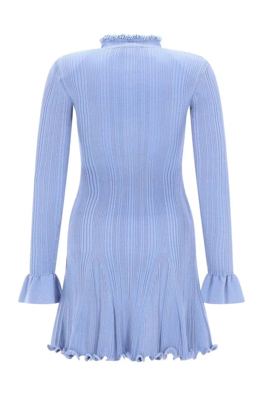Self portrait women’s mini dress in light blue ribbed knit with high collar and flared long sleeves and hem