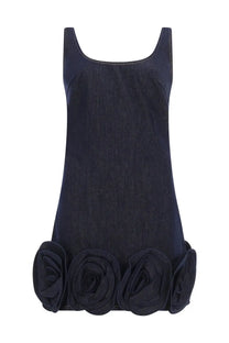 Self-portrait women’s mini dress in navy blue denim sleeveless with square neckline and black fabric roses along hem