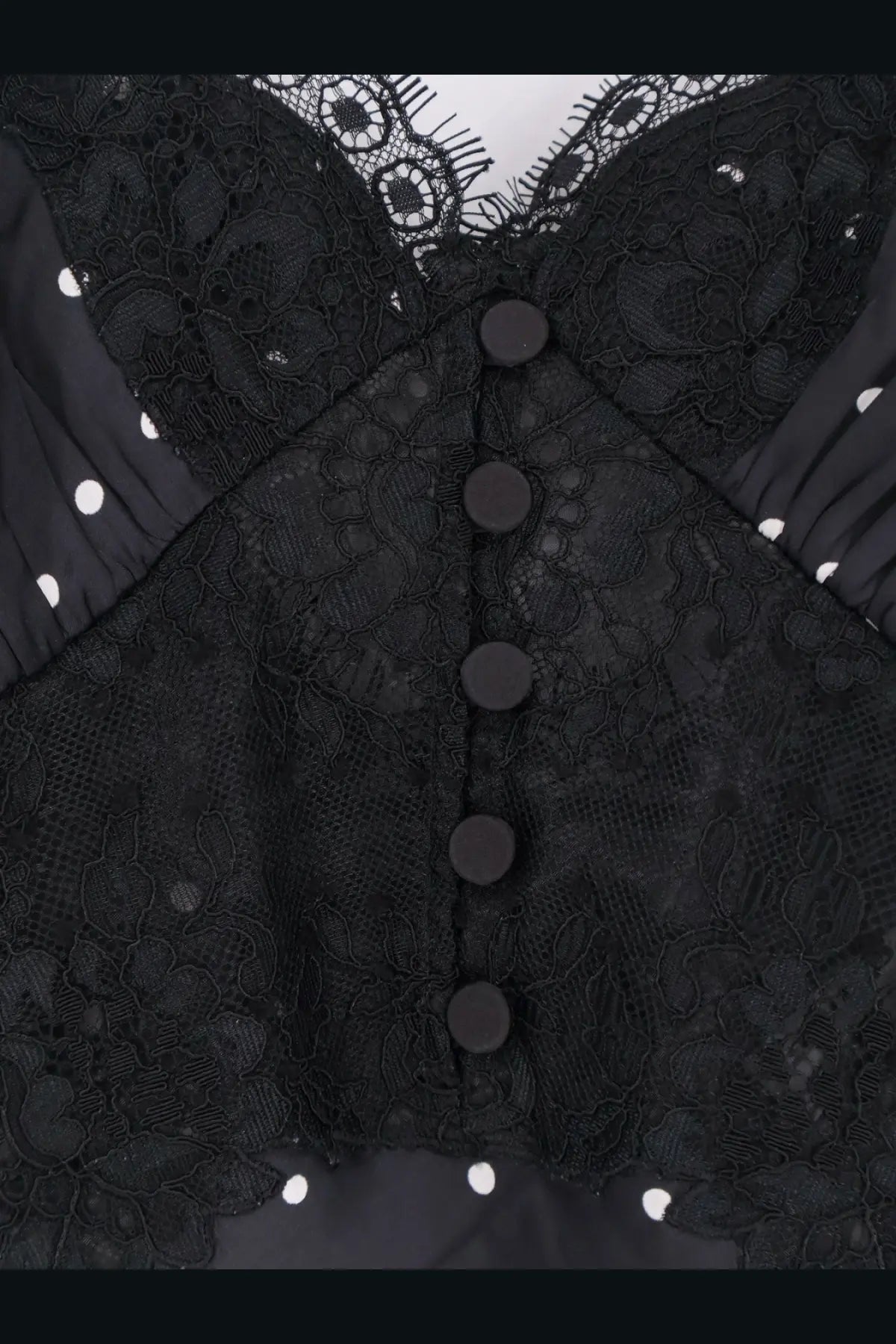 Black lace corset with floral patterns and matching buttons down the center from self-portrait women’s polka dots satin dress black
