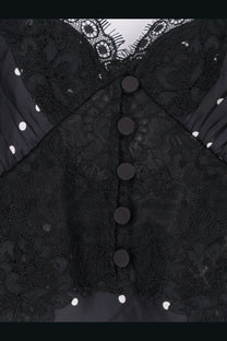 Black lace corset with floral patterns and matching buttons down the center from self-portrait women’s polka dots satin dress black