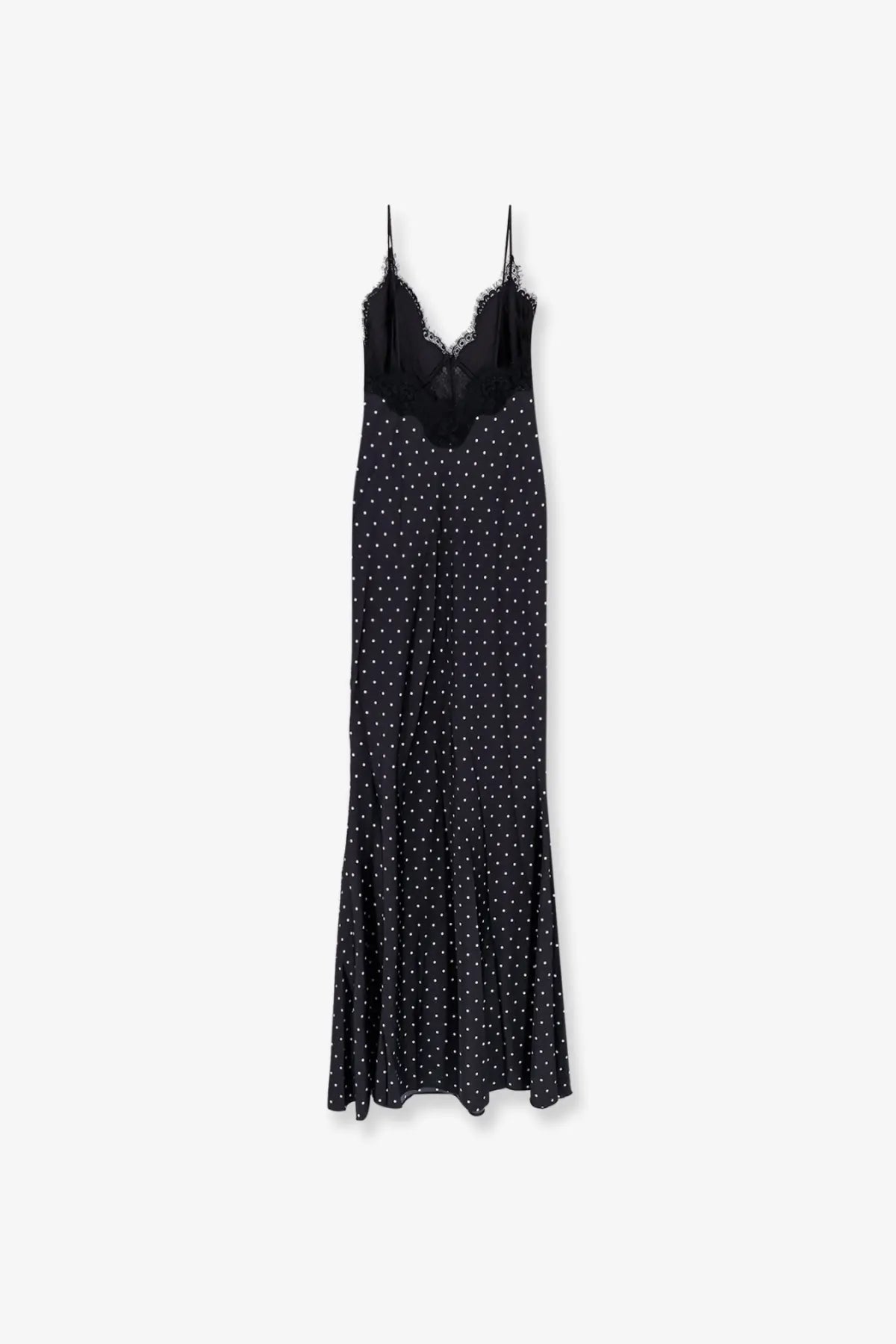 Black satin slip dress with white polka dots and delicate lace trim at the neckline by self portrait women