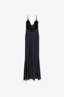 Black satin slip dress with white polka dots and delicate lace trim at the neckline by self portrait women