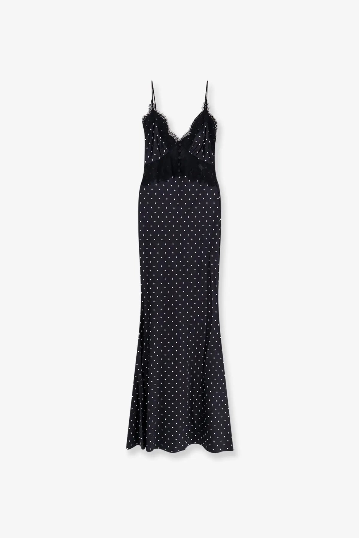 Black satin slip dress with white polka dots and lace trim at neckline by self-portrait womens long dress black