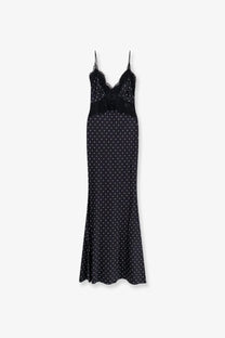 Black satin slip dress with white polka dots and lace trim at neckline by self-portrait womens long dress black