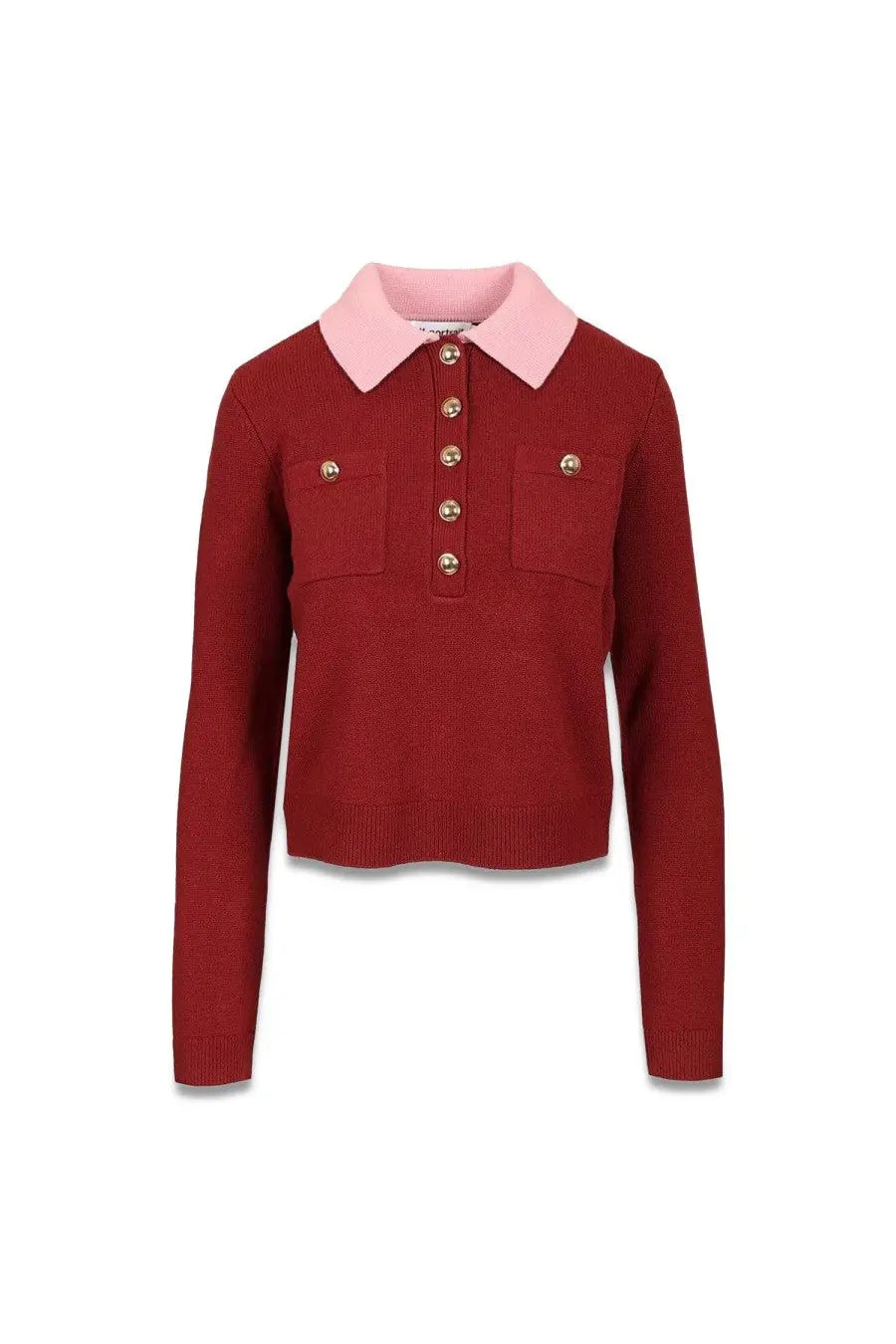 Self-portrait women’s polo cardigan red burgundy knit sweater with pink collar and gold tone buttons