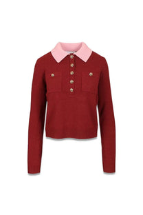 Self-portrait women’s polo cardigan red burgundy knit sweater with pink collar and gold tone buttons