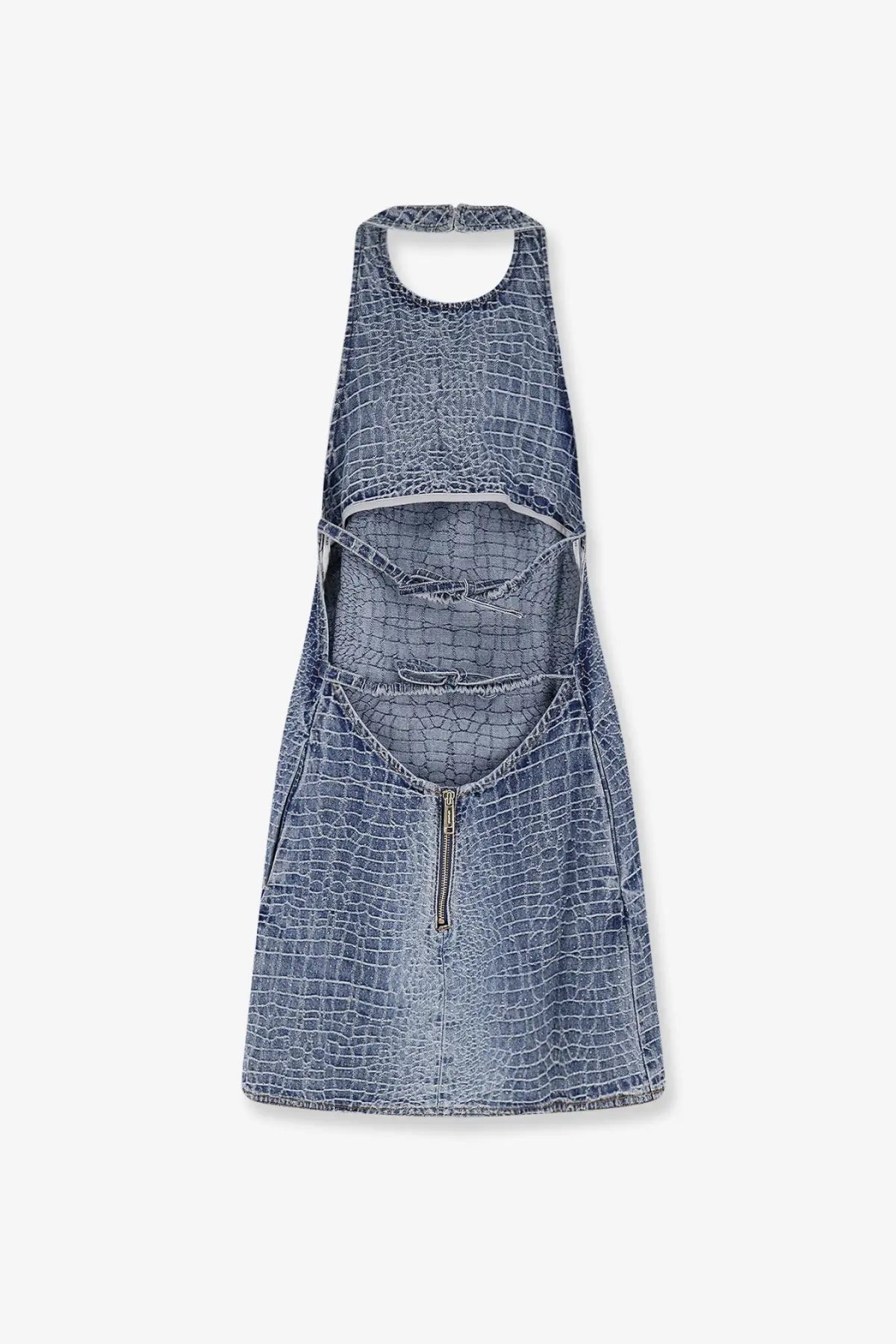 Self-portrait women’s rhinestone croc effect denim mini dress in blue with cut-out details and front zipper closure