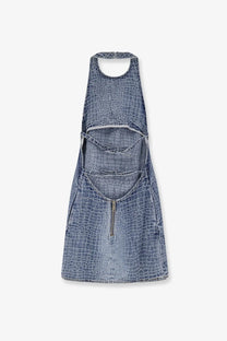 Self-portrait women’s rhinestone croc effect denim mini dress in blue with cut-out details and front zipper closure