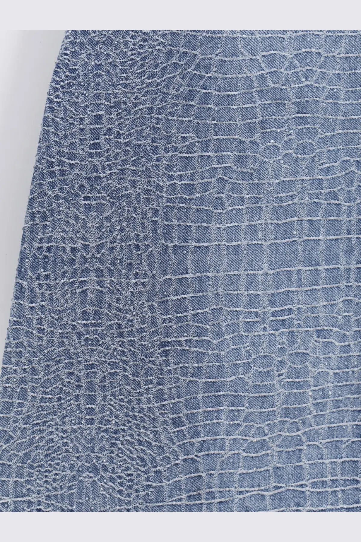 Blue denim skirt with subtle crocodile skin texture from self-portrait women’s rhinestone croc effect denim dress