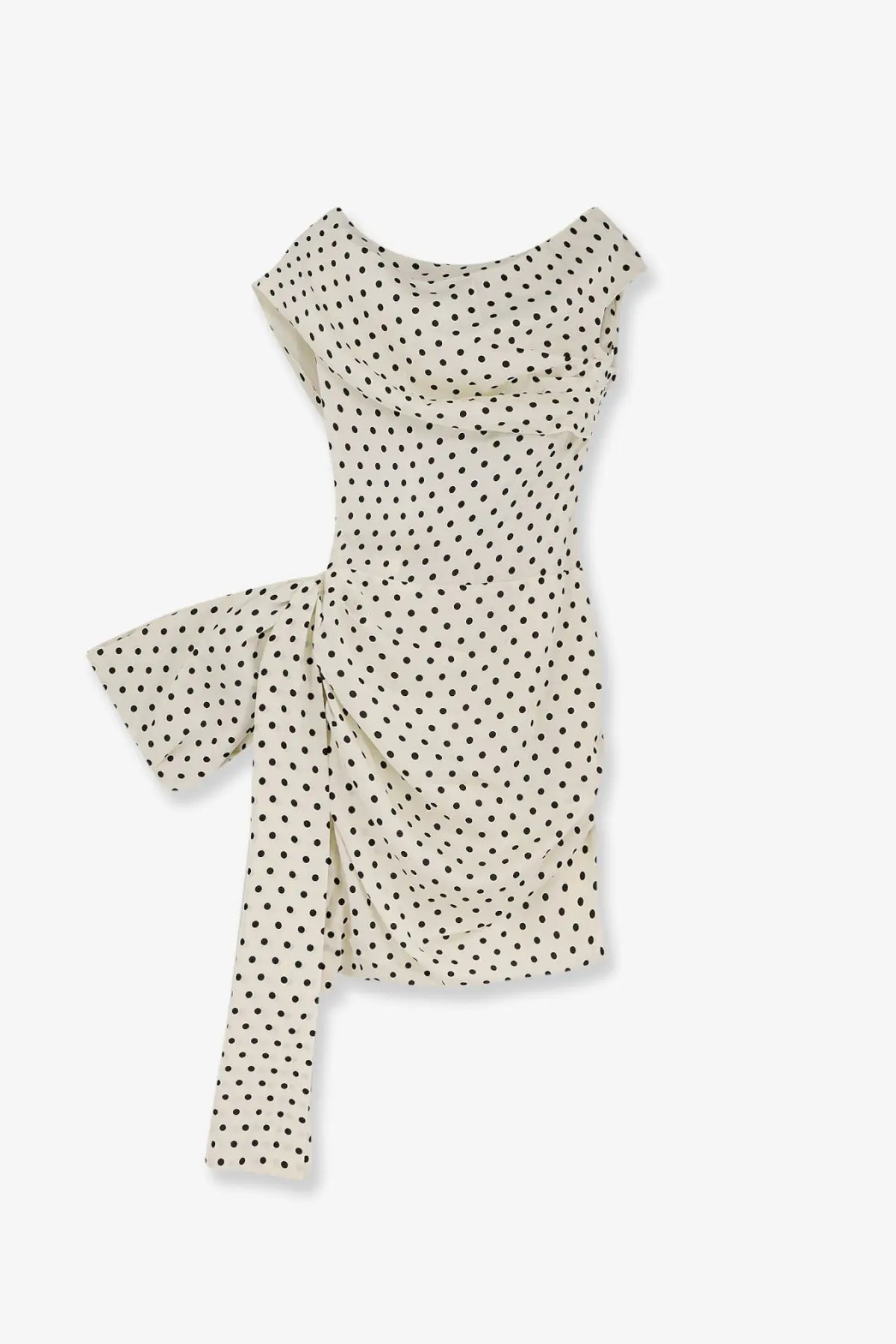 Self portrait women’s satin mini dress in cream with black polka dots ruched asymmetrical design and tied side detail