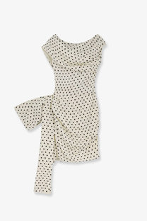 Self portrait women’s satin mini dress in cream with black polka dots ruched asymmetrical design and tied side detail