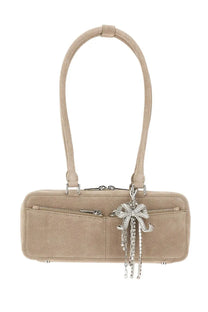 Beige suede self portrait women’s shoulder bag with silver rhinestone bow and dangling chain clutch design