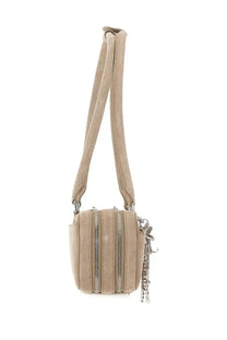 Beige suede self-portrait women’s shoulder bag with three vertical zippers and silver chain tassel crossbody design