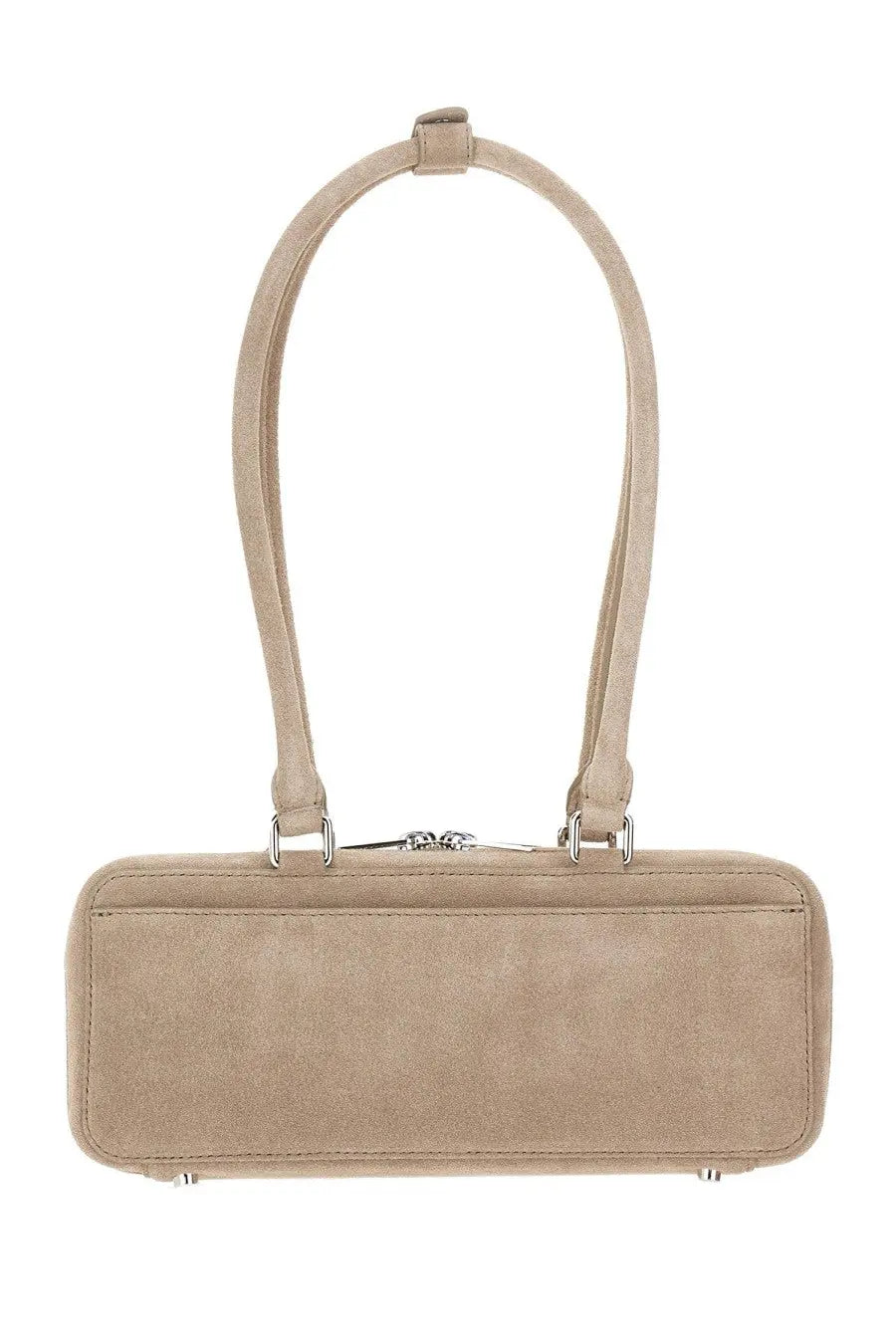 Beige suede self portrait women’s shoulder bag with curved top handle and silver toned hardware