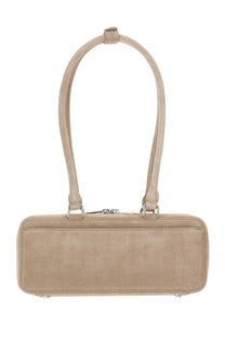Beige suede self portrait women’s shoulder bag with curved top handle and silver toned hardware