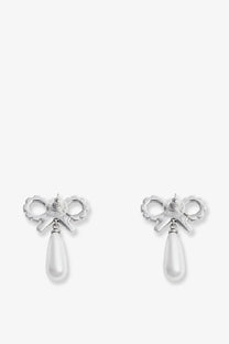 Silver brass bow-shaped earrings for women with white pearl drops from Self-Portrait