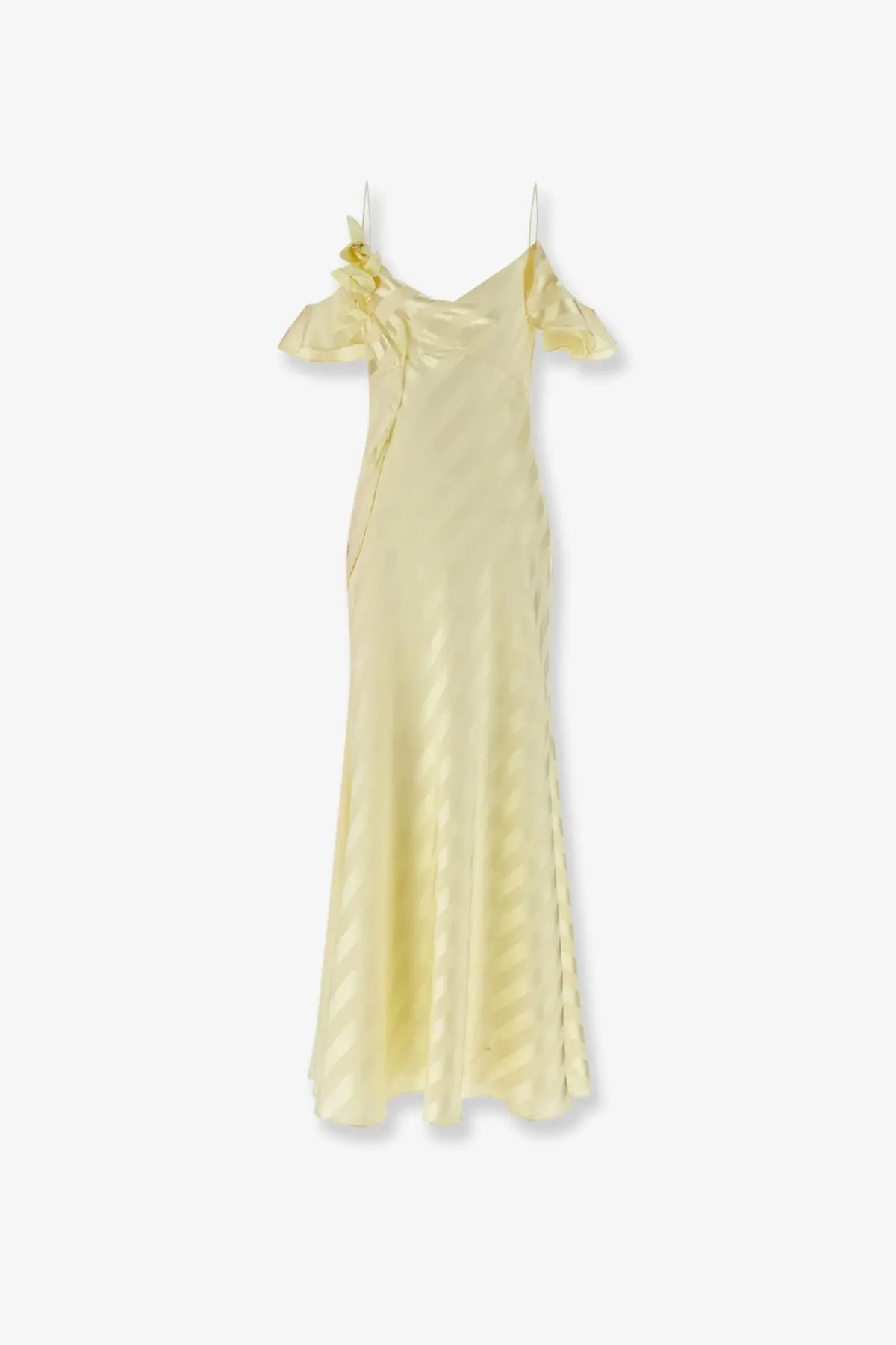 A pale yellow self-portrait women’s satin slip dress with ruffled shoulders and subtle diagonal ribbed texture