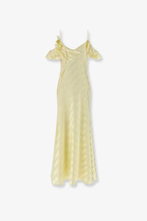 A pale yellow self-portrait women’s satin slip dress with ruffled shoulders and subtle diagonal ribbed texture