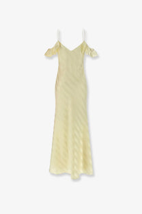 Self-portrait women’s pale yellow satin long slip dress with delicate ruffled shoulder straps and diagonal ribbed texture