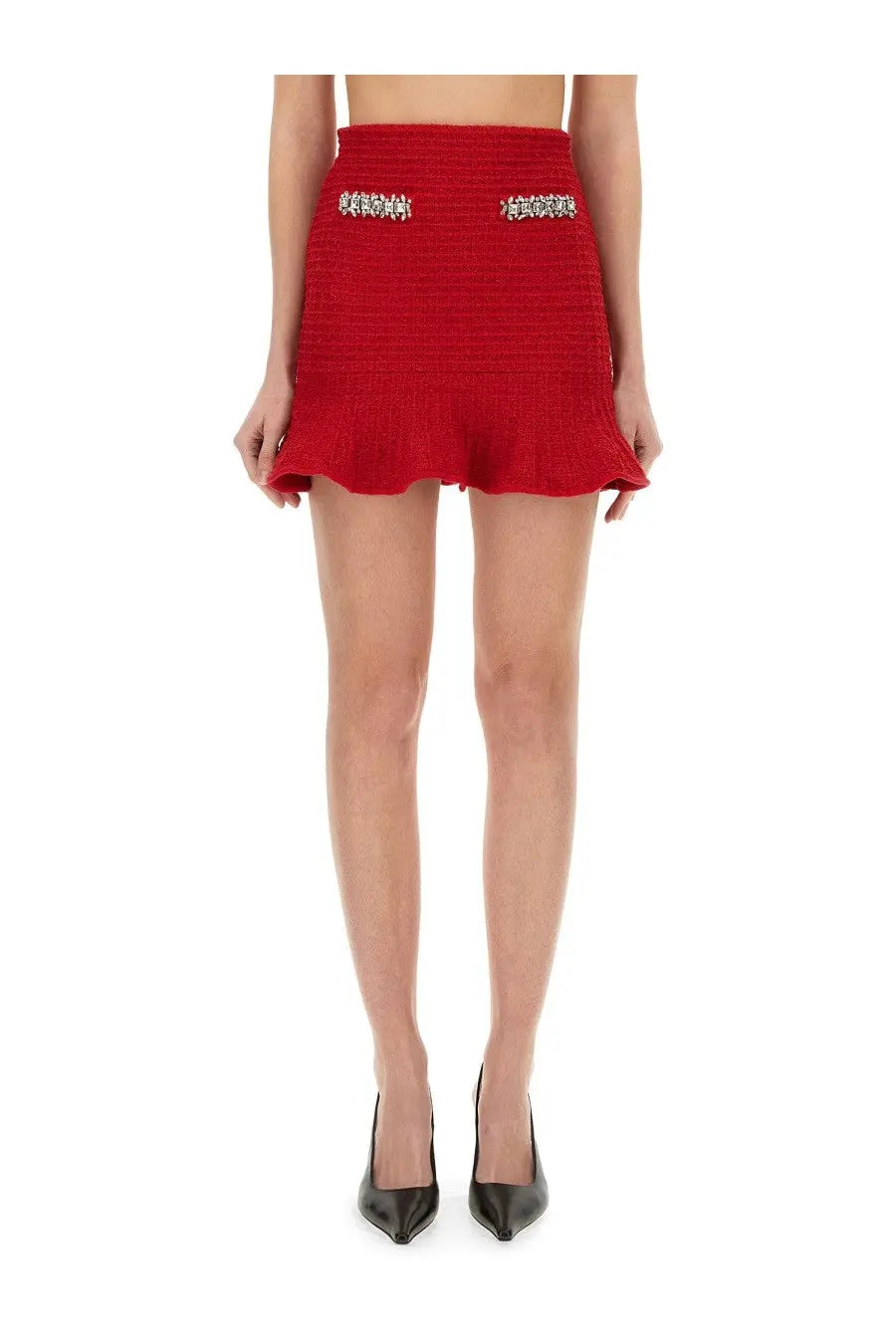 Self-portrait women’s red textured tweed mini skirt with flared hem and decorative front pocket embellishments