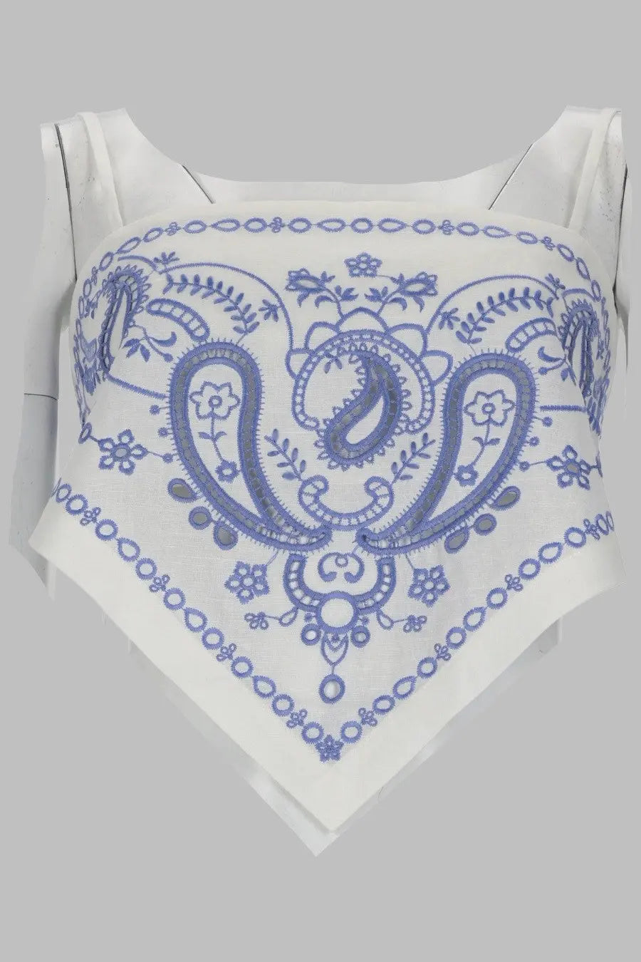White embroidered bandana with intricate blue paisley and floral patterns featured in self-portrait women’s linen top