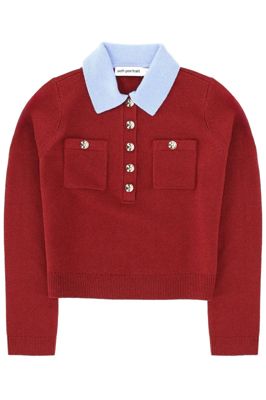 Self-portrait women’s red knit polo sweater with light blue collar and gold tone buttons for stylish casual wear