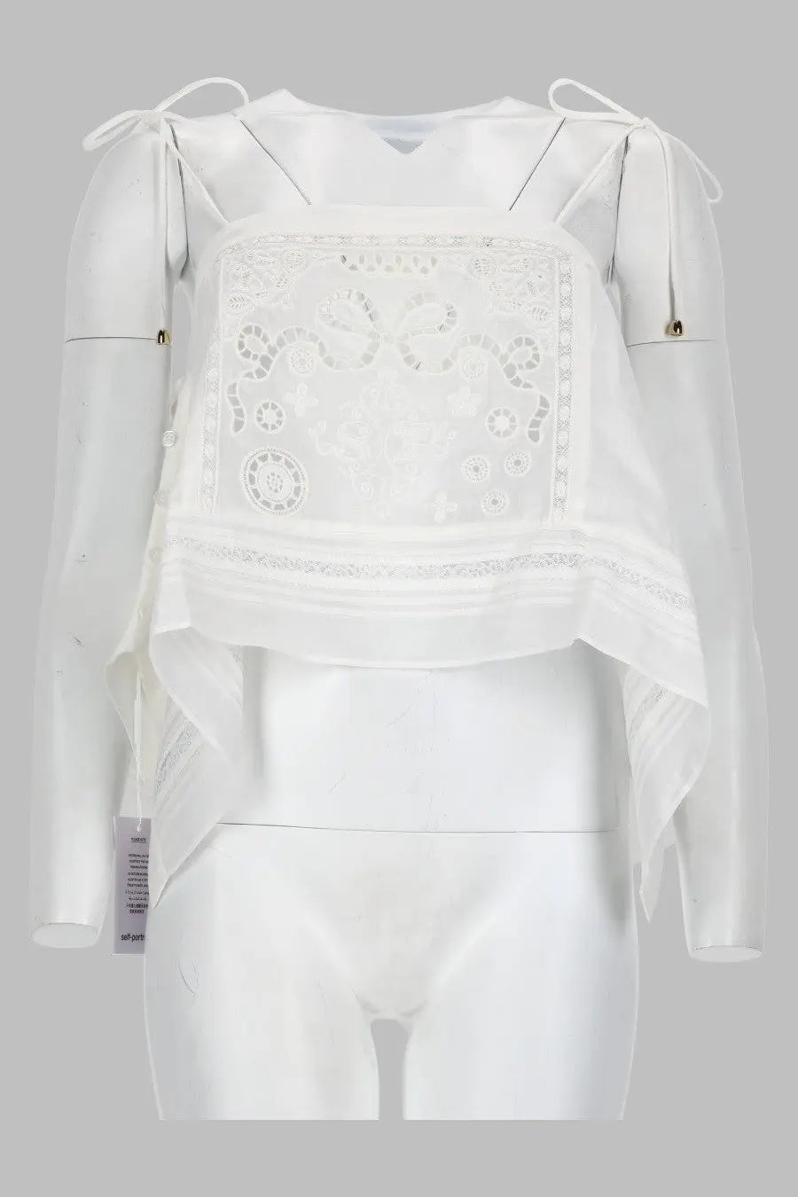 Self-portrait women’s white sheer lace crop top with tie-sleeve detailing and decorative embroidered panel