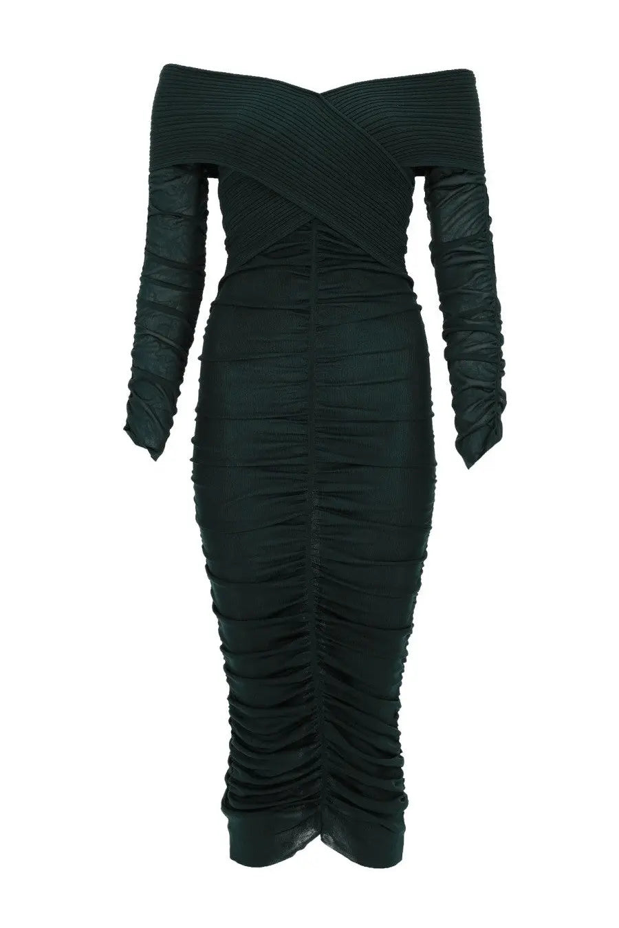 Self portrait women’s viscose gathered midi dress in green with off the shoulder ruched long sleeves design