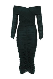 Self portrait women’s viscose gathered midi dress in green with off the shoulder ruched long sleeves design