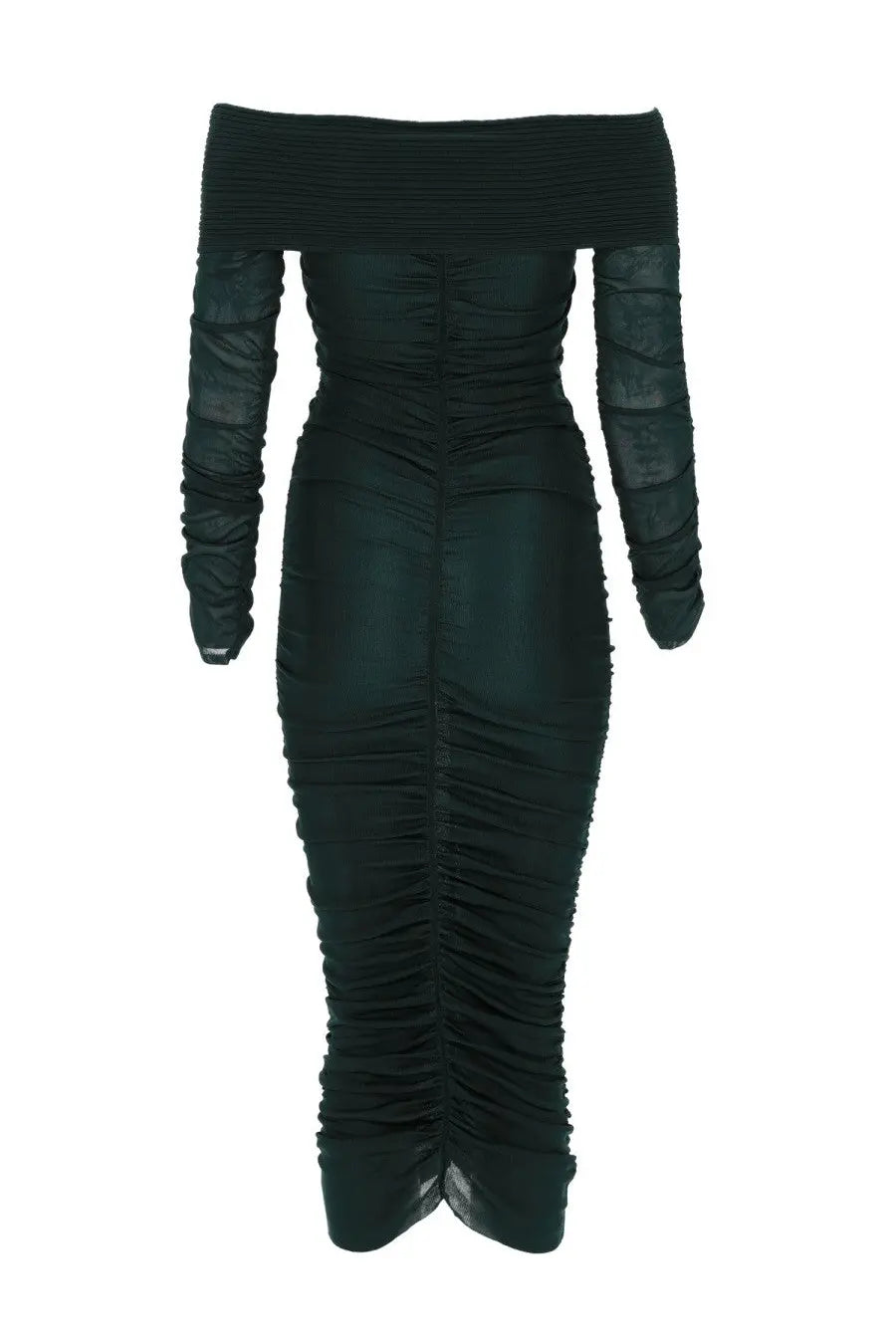 Self-portrait women’s viscose gathered midi dress in green with an off-the-shoulder black sleek design and ruched long sleeves
