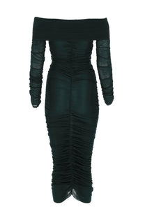 Self-portrait women’s viscose gathered midi dress in green with an off-the-shoulder black sleek design and ruched long sleeves
