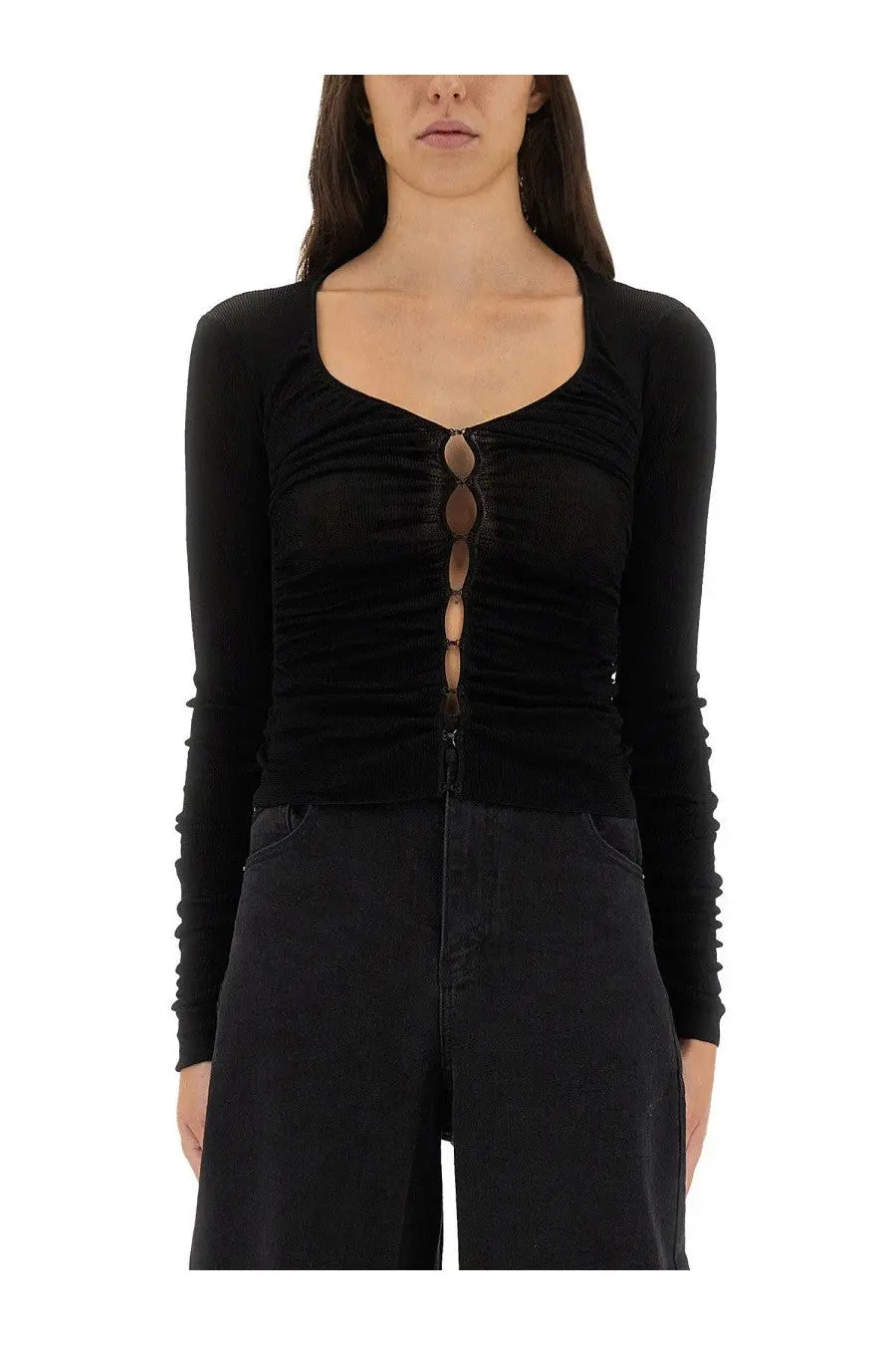 Black self-portrait womens viscose knit top with ruched fabric and central row of translucent circular embellishments