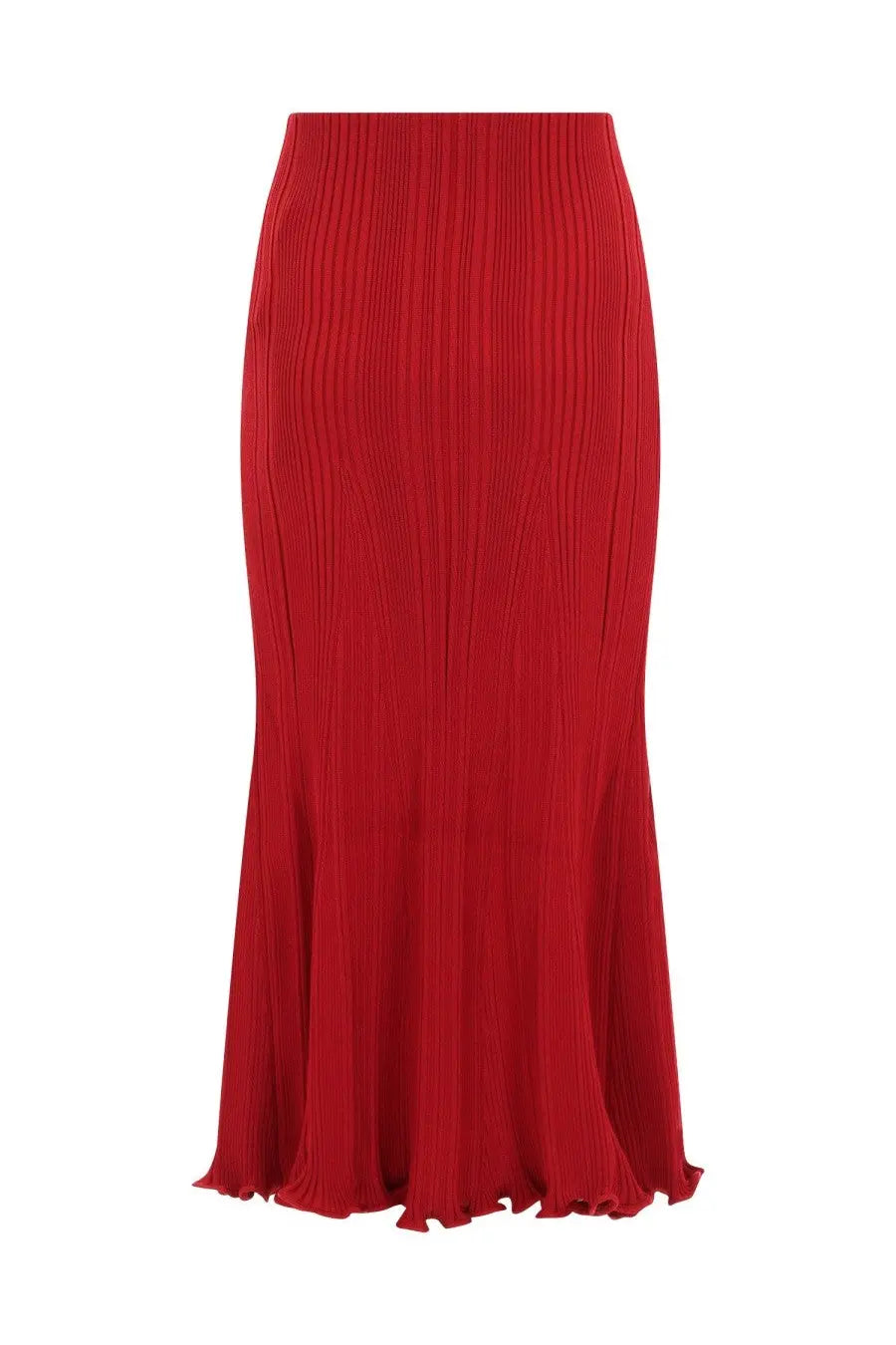 A vibrant red ribbed knit viscose midi skirt with a flared hem from self portrait womenswear