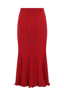 A vibrant red ribbed knit viscose midi skirt with a flared hem from self portrait womenswear
