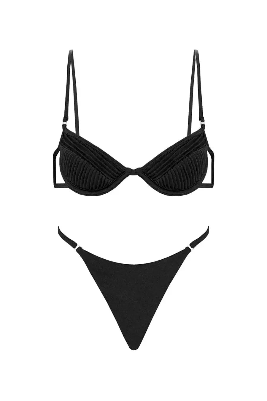 Selia richwood womens amy bikini swimsuit black with ribbed texture, thin straps, and matching thong bottom front view
