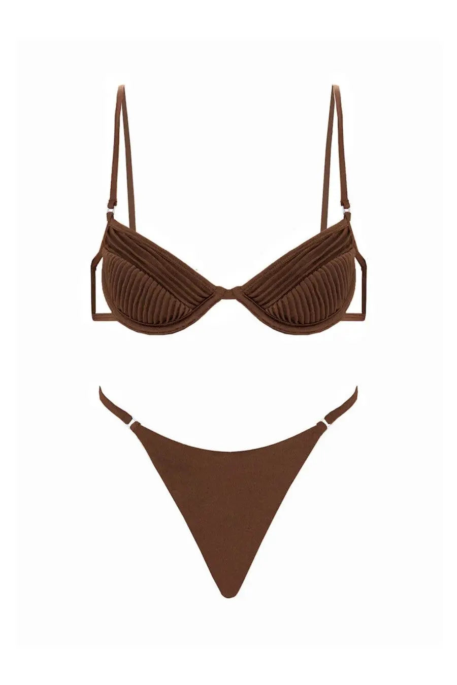 Selia Richwood women’s Amy bikini swimsuit in brown ribbed fabric with thin straps and matching triangle bottom