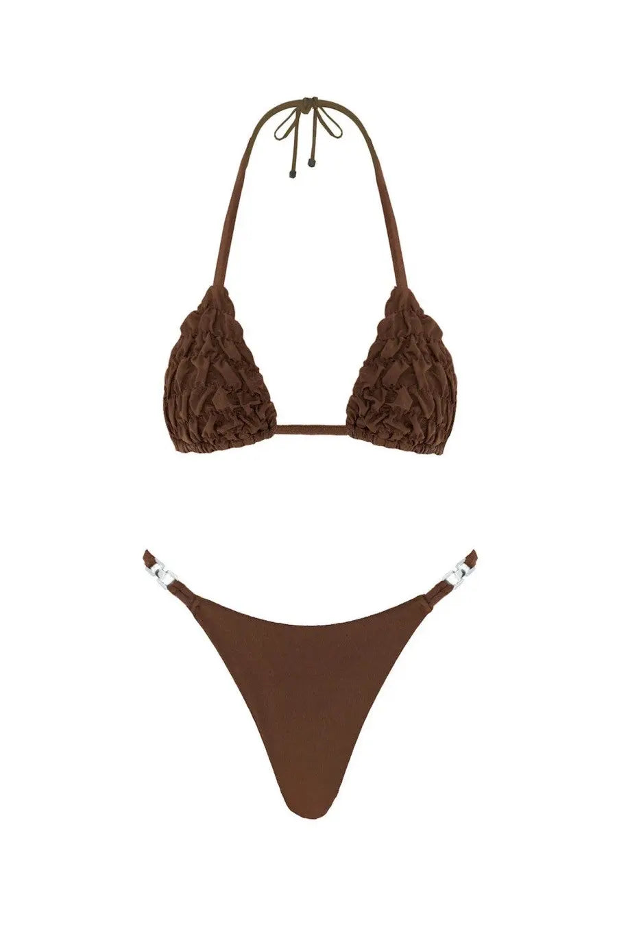 Selia Richwood women’s lia bikini swimsuit brown with ruched triangle top and matching thong bottom with silver hardware