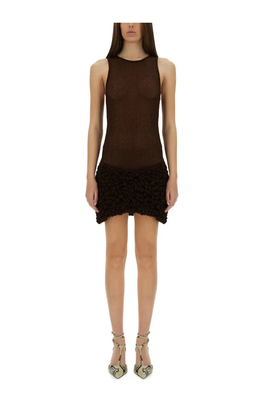 Selia Richwood women’s brown mini poncik dress with sleeveless sheer mesh bodice and textured ruffled skirt