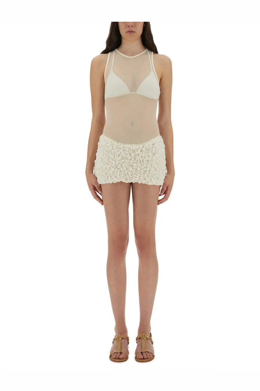 Selia Richwood women’s mini poncik dress white featuring off-white sheer mesh bikini top with lace trim and textured skirt