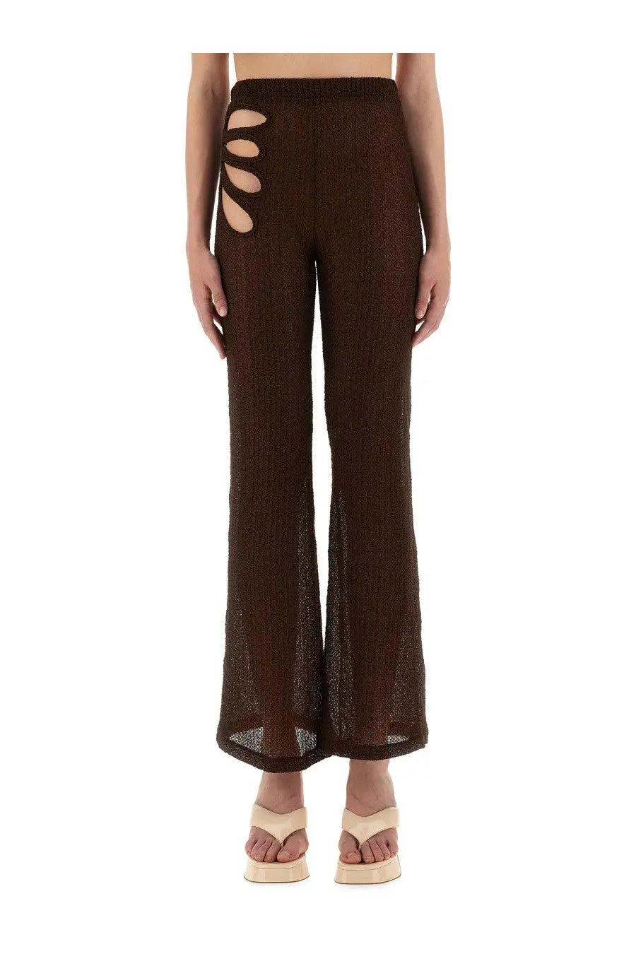 Selia Richwood women’s brown knit trousers with textured fabric and cut-out side details