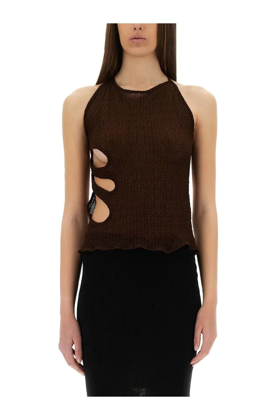 Selia Richwood women’s brown knitted halter top with cut-out details perfect for stylish summer wear