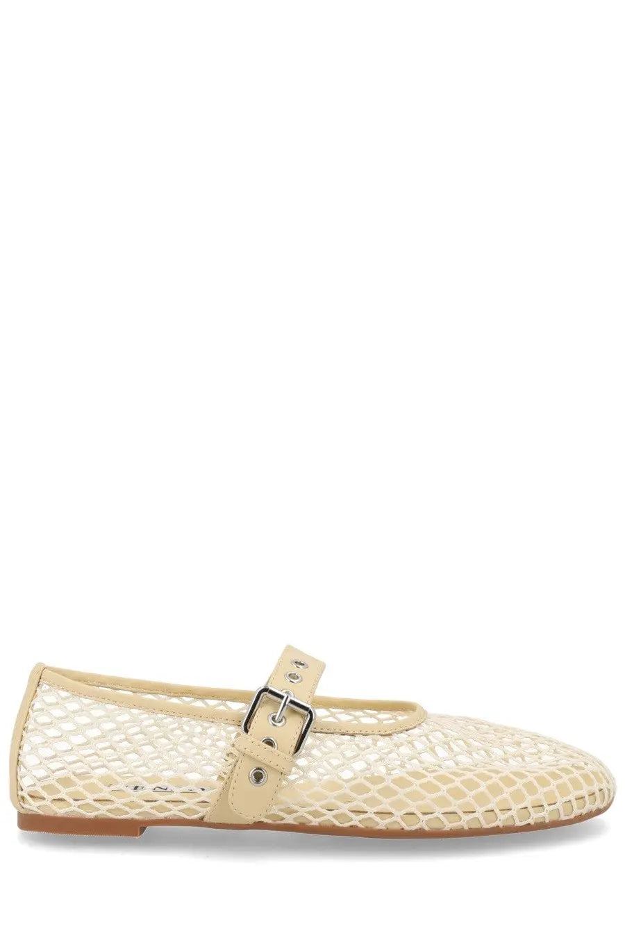 Senso women’s ballerina Carina white cream-colored mesh mary jane flat shoe with metallic buckle and tan rubber sole