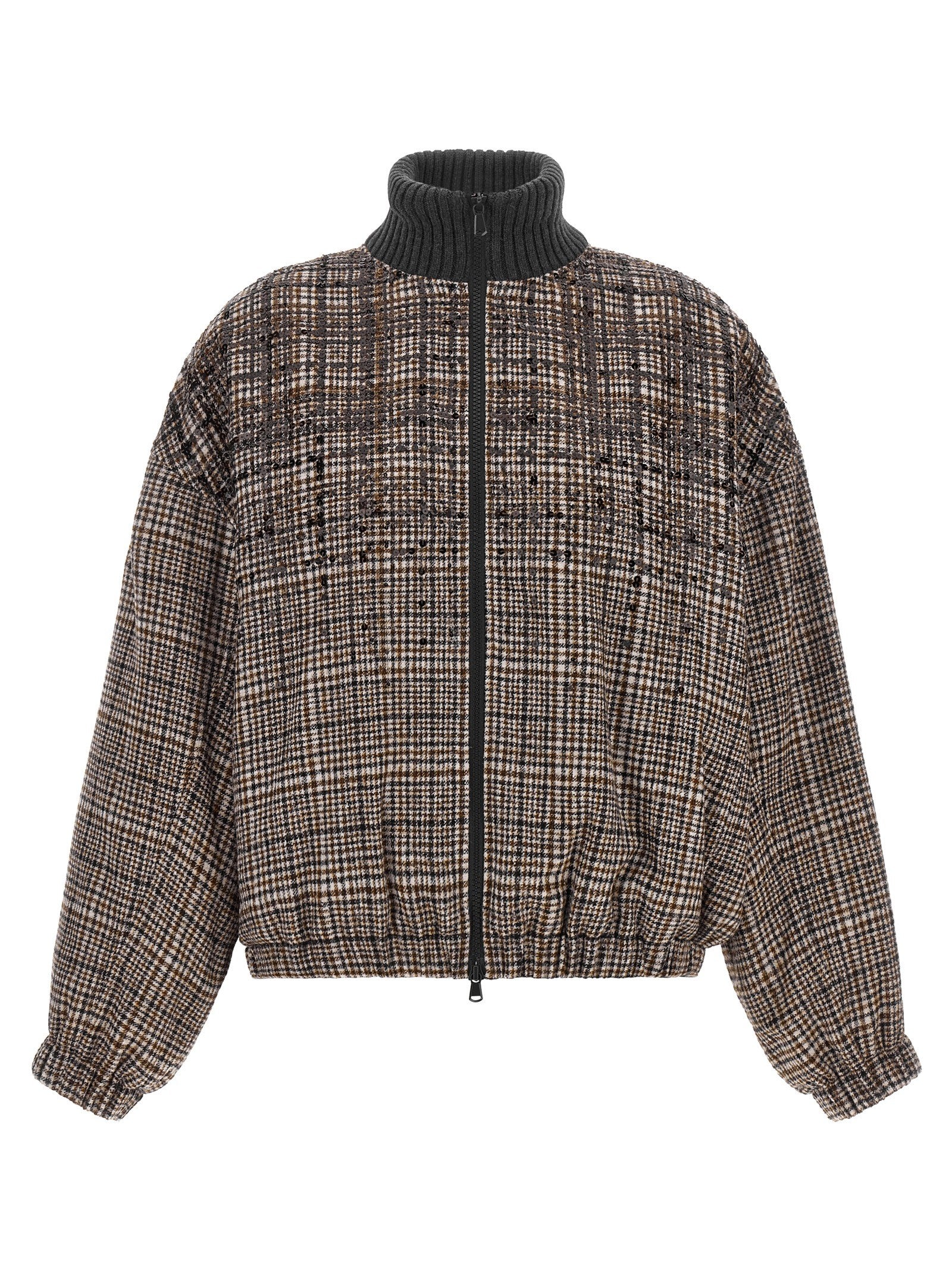 Brunello Cucinelli Sequin Check Bomber Jacket Brown