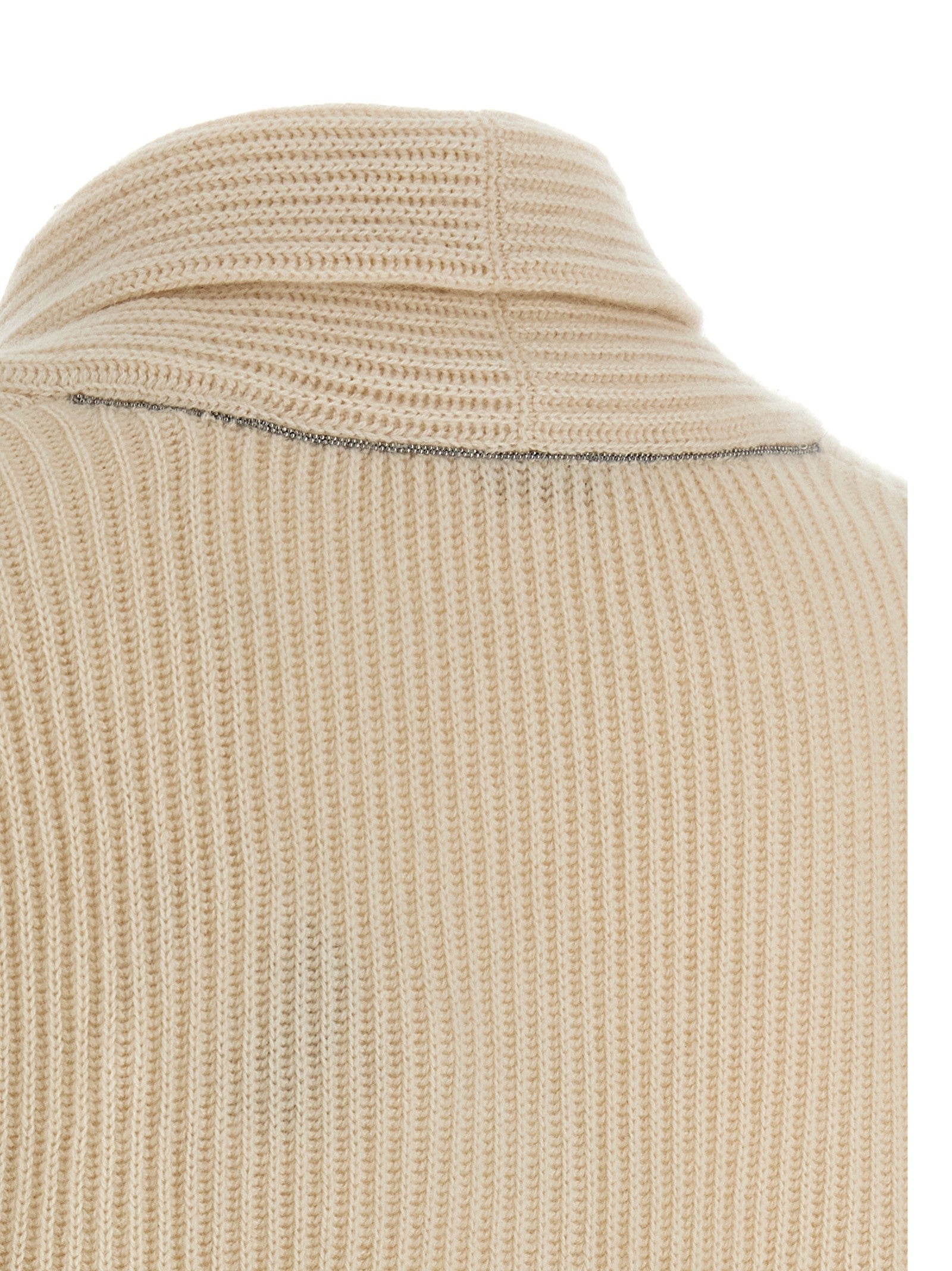 Brunello Cucinelli Shawl Neck Ribbed Sweater Beige